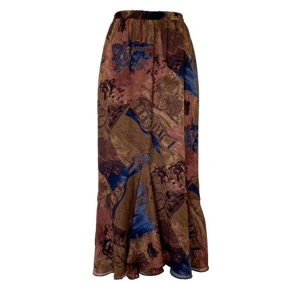 Tanjay Abstract Print Tulip Ruffle Hem Maxi Skirt Pull On Elastic Waist Neutral - Picture 2 of 6